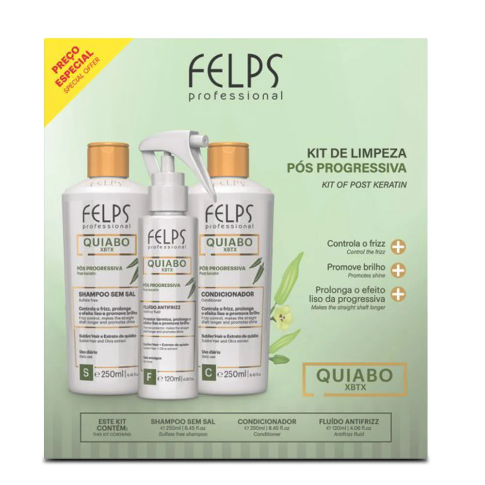 Felps Okra Quiabo Progressive Keratin Shampoo & Conditioner 250ml + Anti Frizz Fluid (3pc)
