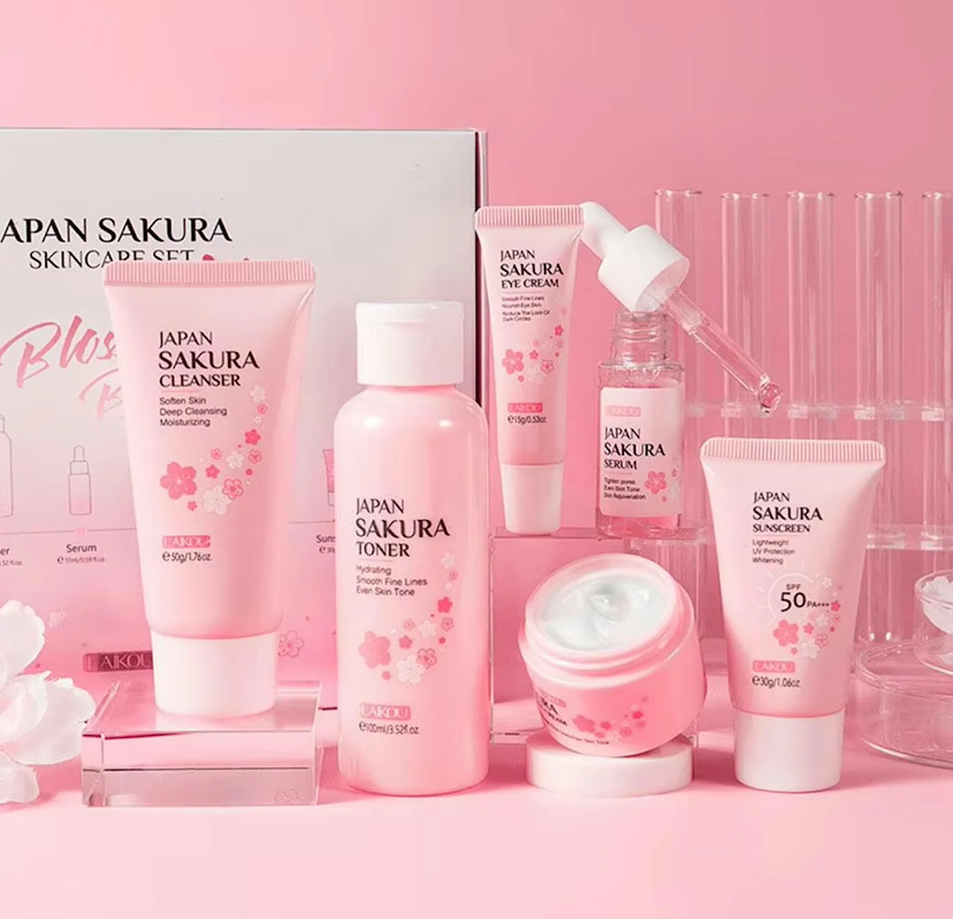Laikou Japan Sakura Skincare Set Face Cream Serum Toner Cleanser Sunscreen (6pc) - Image 2