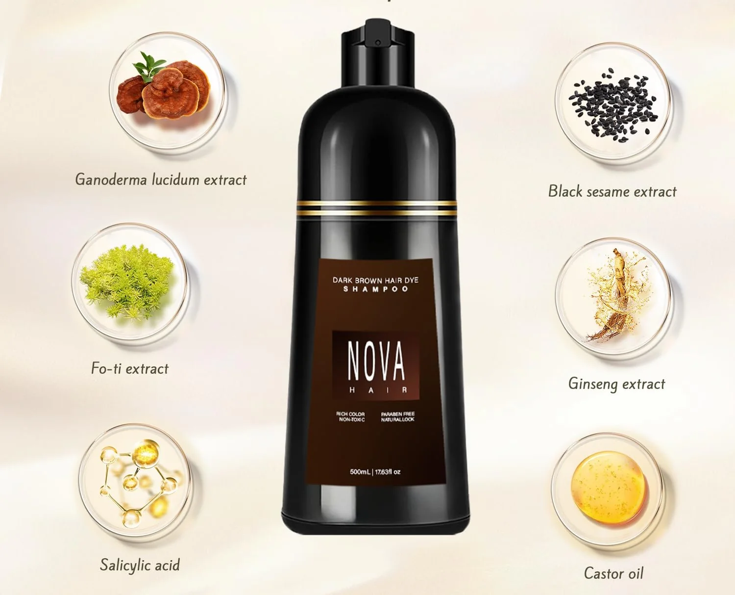 Nova Hair Dark Brown Hair Dye Shampoo 500ml (2pc) - Image 3