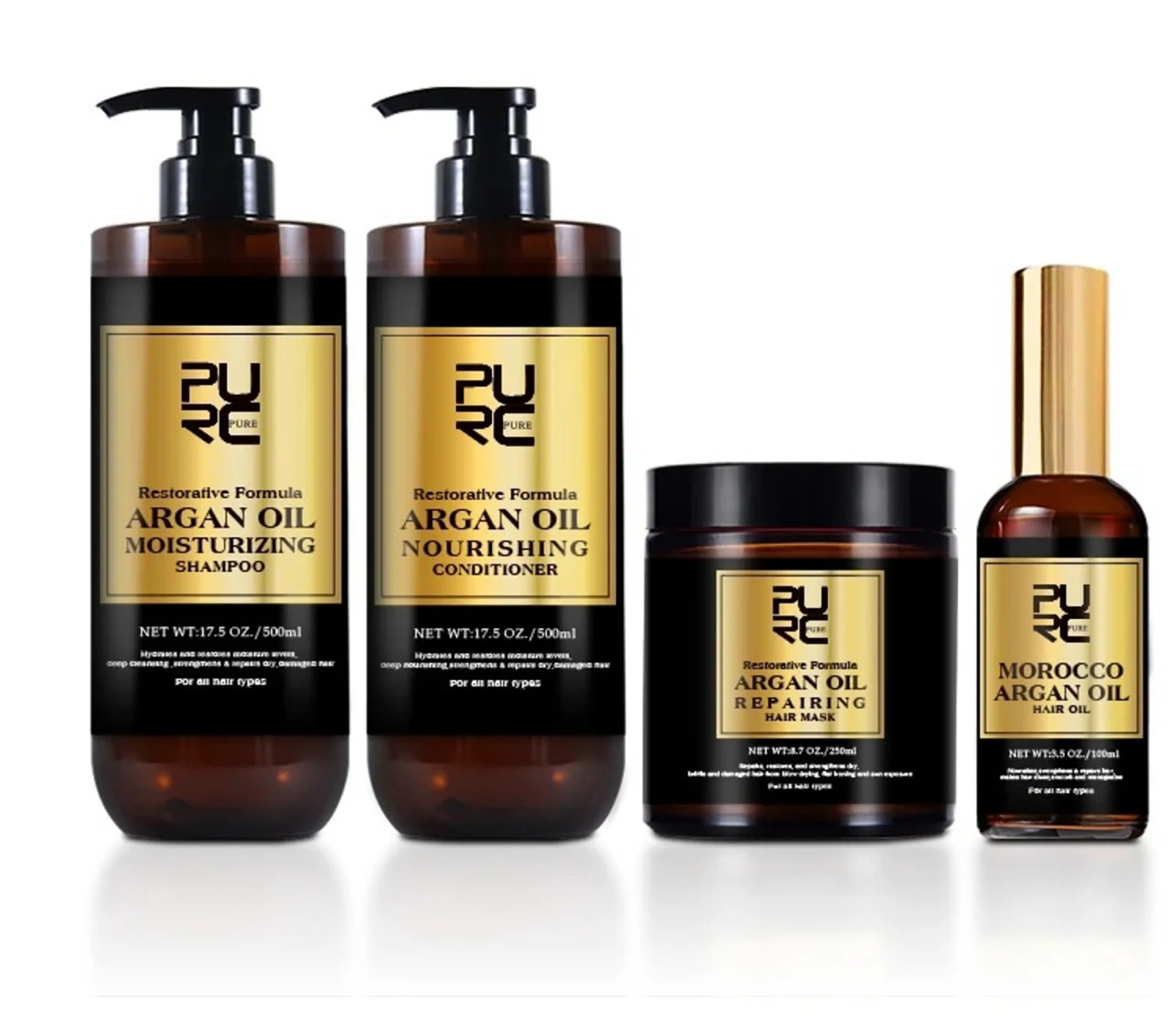 Purc Restorative Argan Oil Moisturizing Shampoo and Conditioner 500ml + Mask + Hair Oil (4pc)