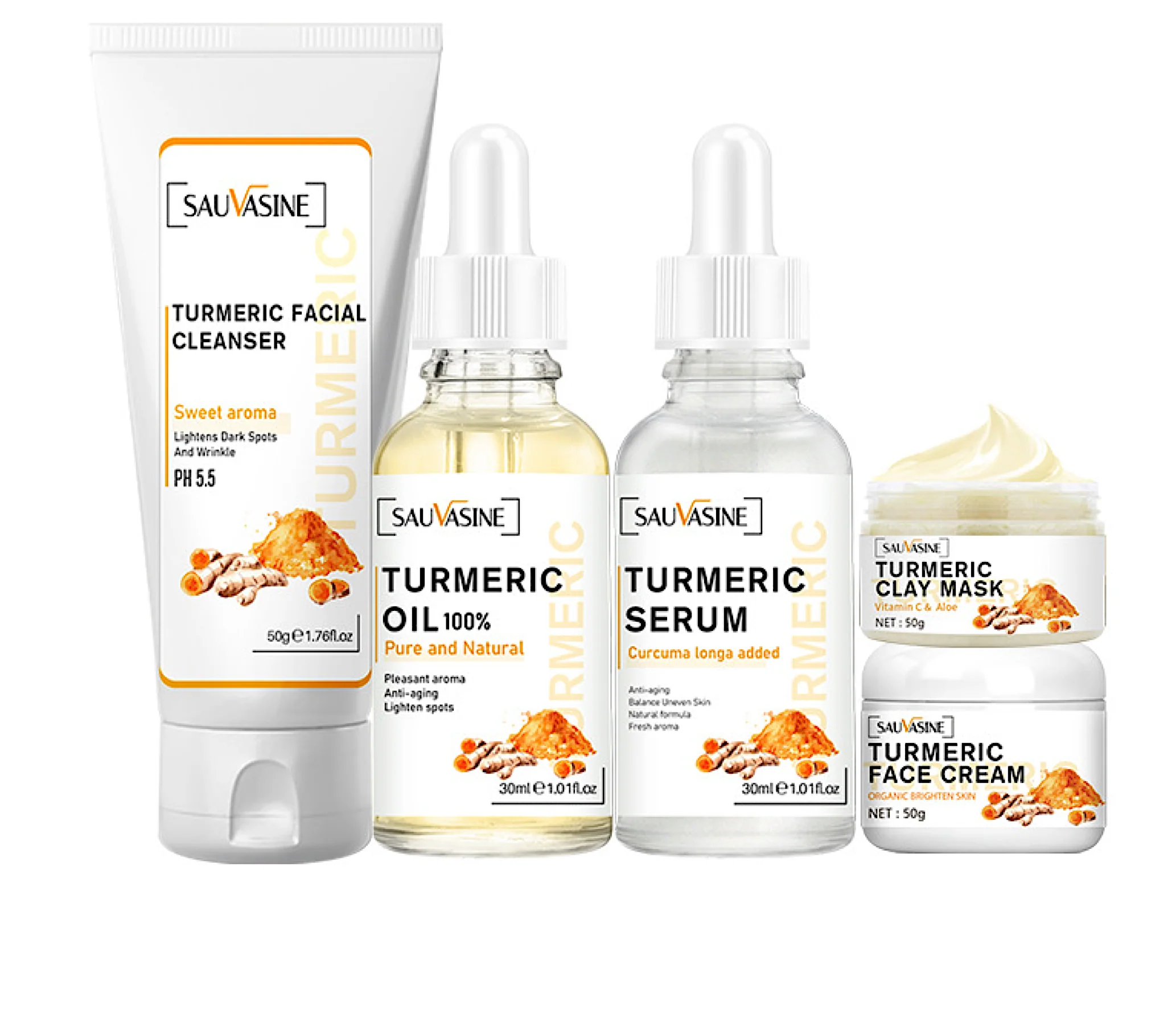 Sauvasine Turmeric Cream, Serum, Oil, Mask and Cleanser Pack (5pc)