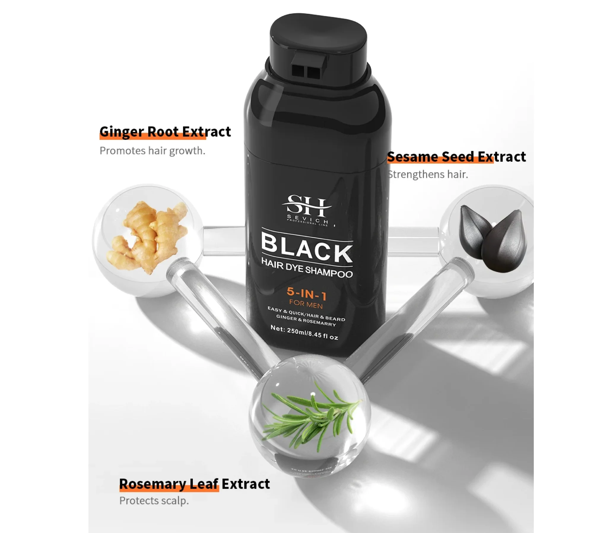 Sevich 5 In 1 Black Hair Dye Shampoo Hair and Beard For Men 250ml - Image 4
