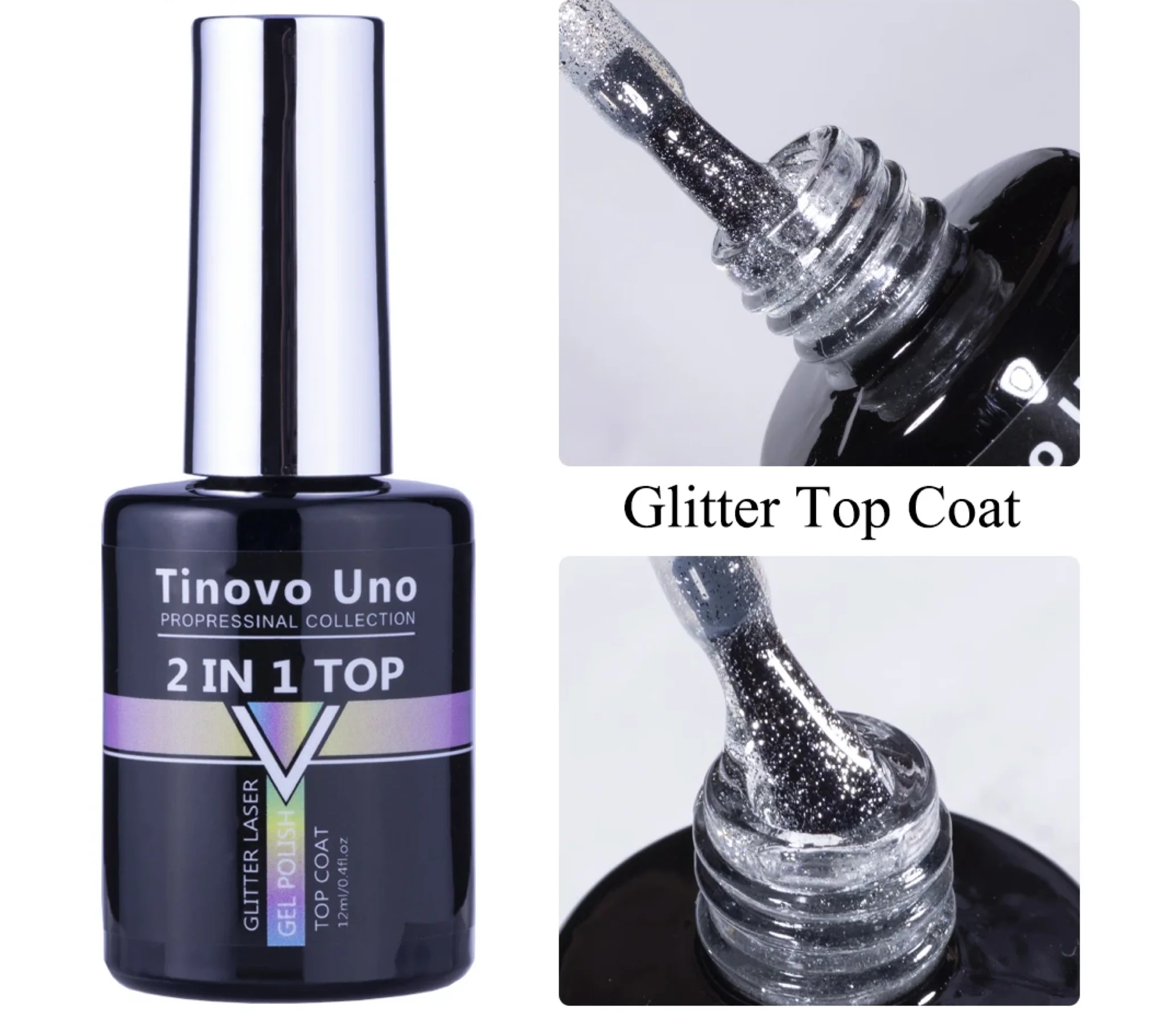 Tinovo Professional 2 In 1 Top Coat Glitter Laser Gel Polish 12ml - Image 2
